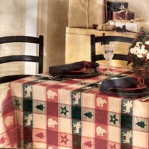 Tablecloth “Great North” 60”x102” Oblong Plaid Burgundy Red Green Tan